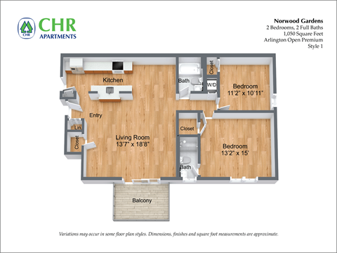 Floor plan for 2 beds, 2 baths, 1300 sqft